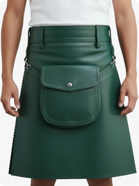 Green leather skirt worn by a person on a white background