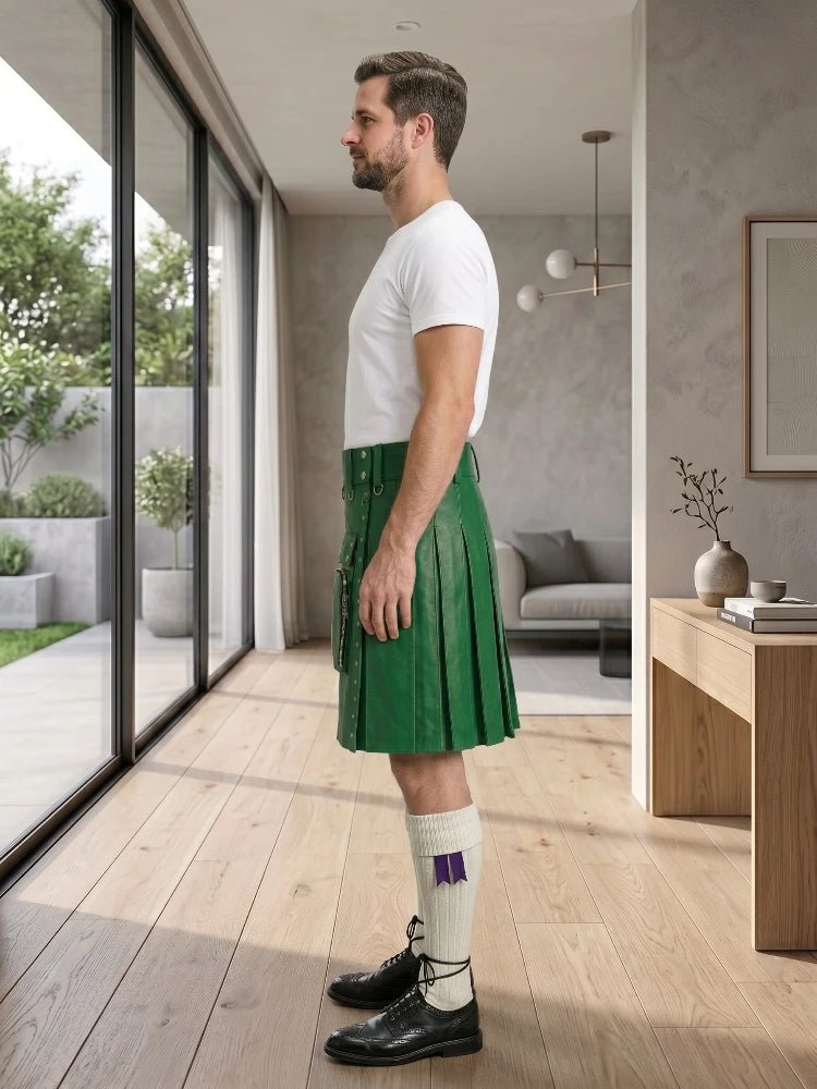 Standard Green Leather Utility Kilt Left Side