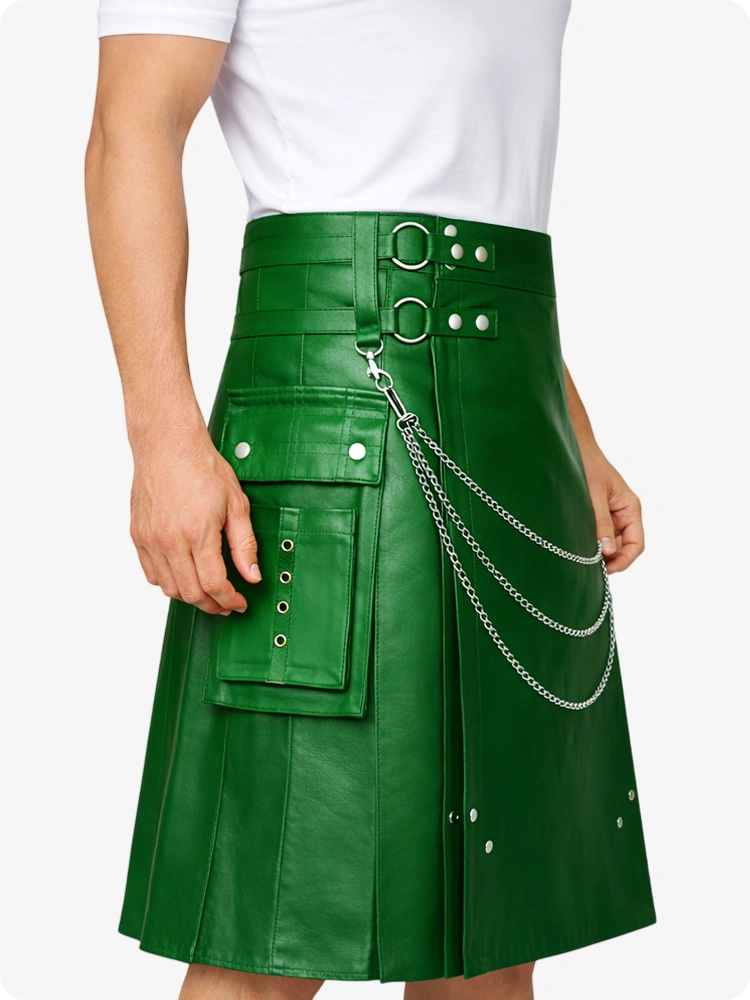 Standard Green Leather Utility Kilt with Chain Detailing & Adjustable Straps