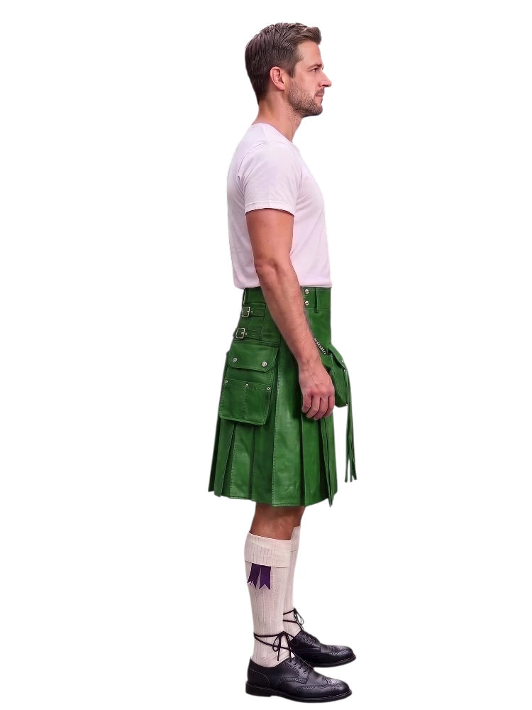 A man shown in profile wearing a green leather kilt, a white t-shirt, white knee-high socks, and black leather shoes, against a plain white background.