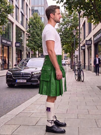 A man standing on a city sidewalk wearing a green leather kilt, white t-shirt, white socks, and black leather shoes, with a Mercedes-Benz and urban buildings in the background.