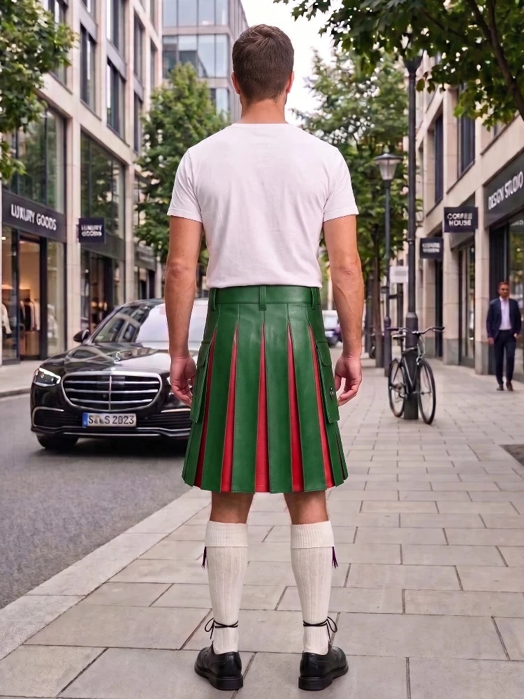 Standard Green With Red Cowhide Leather Hybrid Utility Kilt