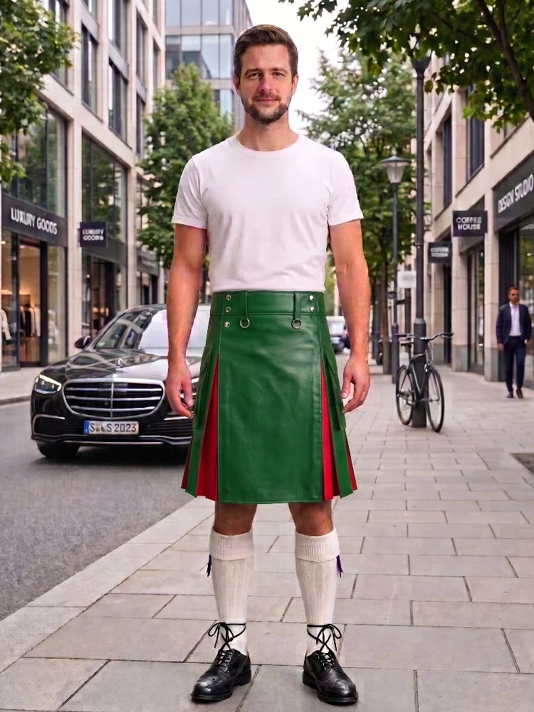 Standard Green With Red Cowhide Leather Hybrid Utility Kilt