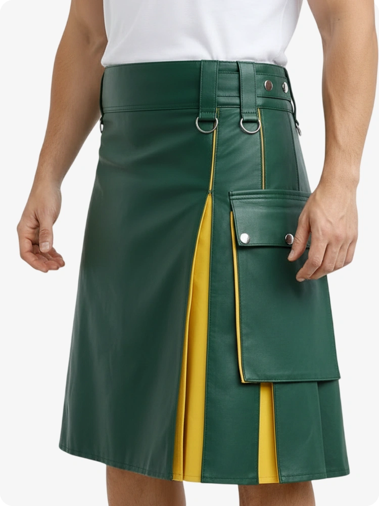 Green and yellow skirt worn by a person on a white background