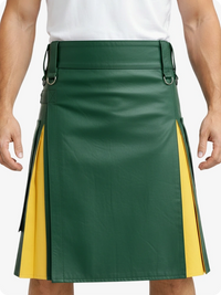 Green and yellow kilt worn by a person on a white background