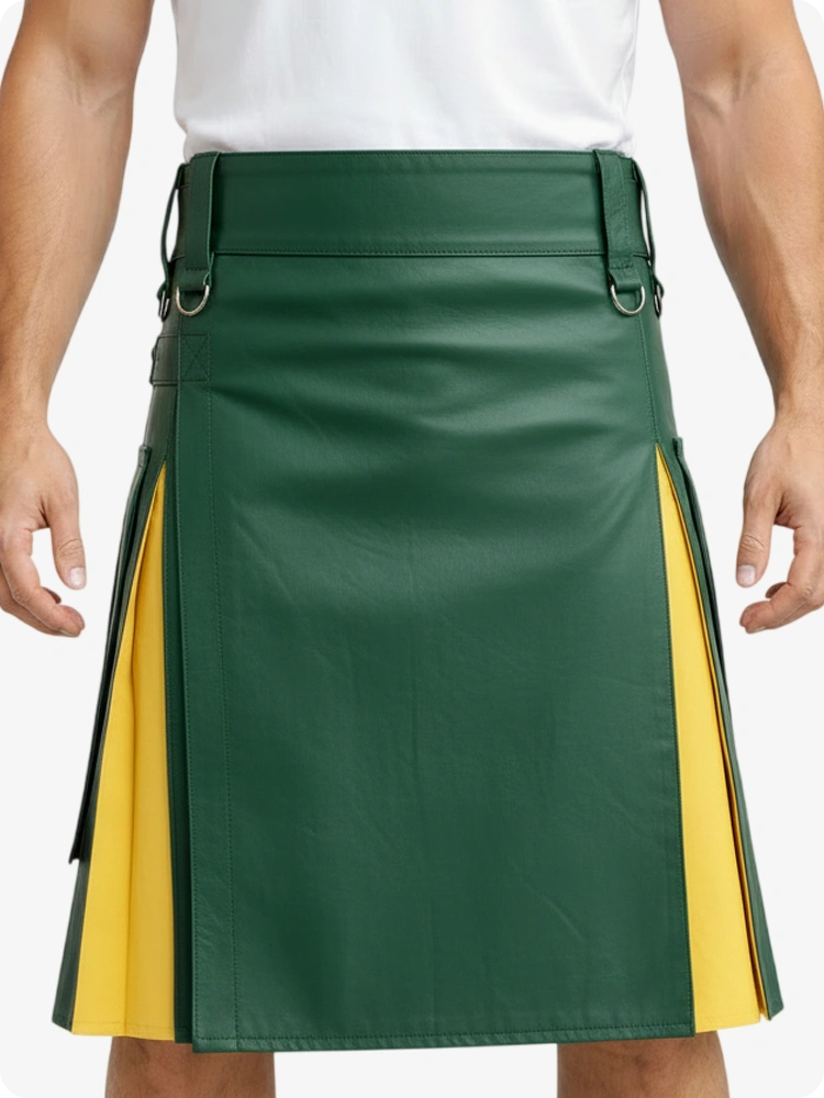 Green and yellow kilt worn by a person on a white background