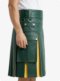 Green leather kilt with yellow accents on a white background