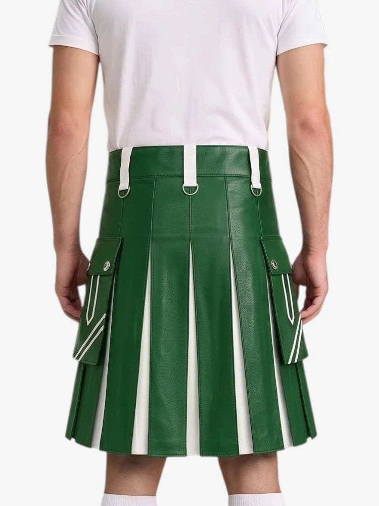 A green faux leather pleated kilt with white vertical stripe details and white belt loops, shown on a model from the back wearing a white t-shirt.