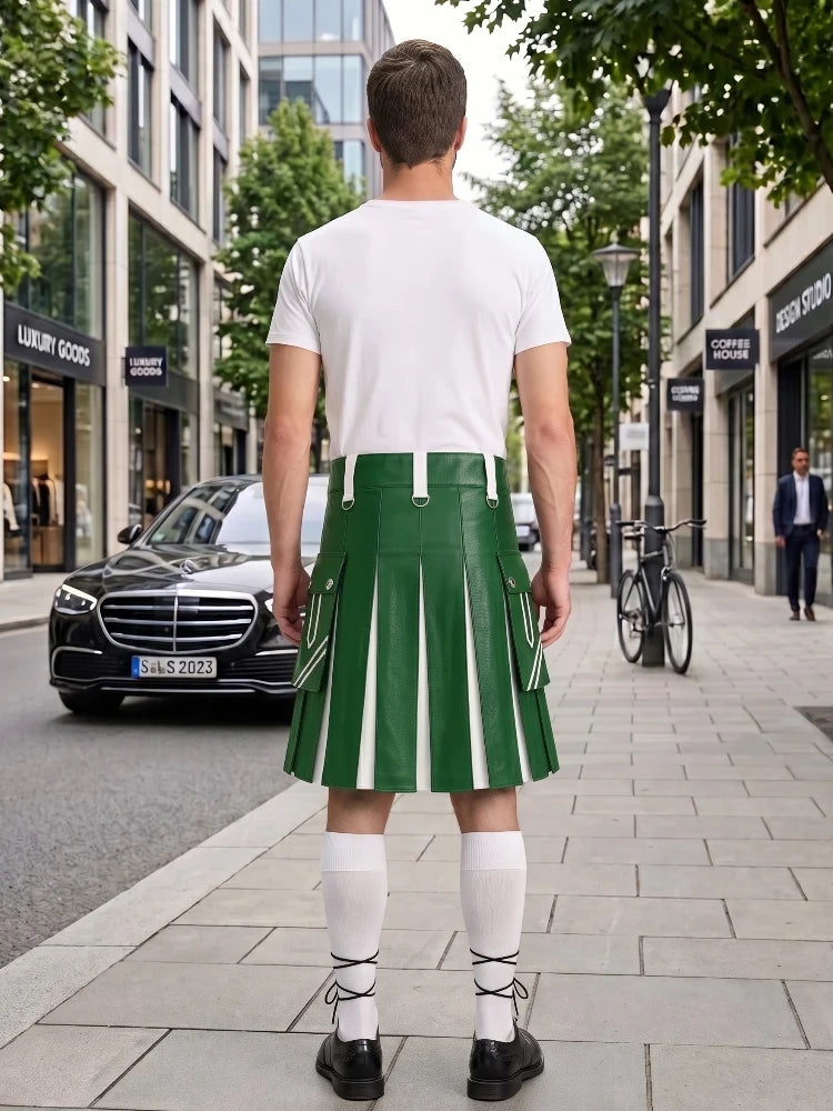 A man stands on a city sidewalk facing away from the camera, wearing a white T-shirt and a green pleated kilt with white vertical stripes, white knee-high socks, and black shoes. Buildings, trees, a black car, and a bicycle are visible in the urban street setting.
