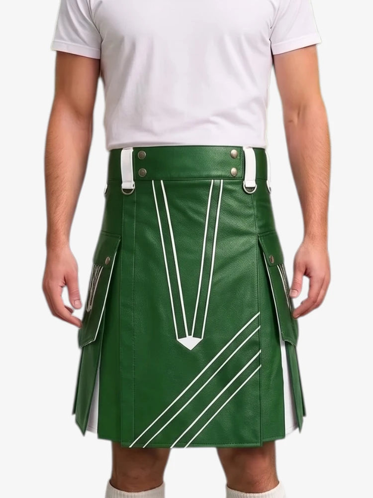 A green faux-leather kilt with white contrast stitching and silver-tone hardware, modeled with a white t-shirt against a light gray background.