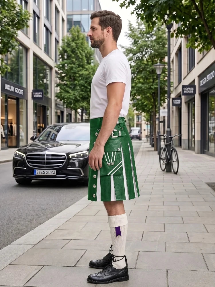 A man standing on a city sidewalk wearing a green and white kilt, white t-shirt, white socks, and black shoes, with a street scene and parked cars in the background.