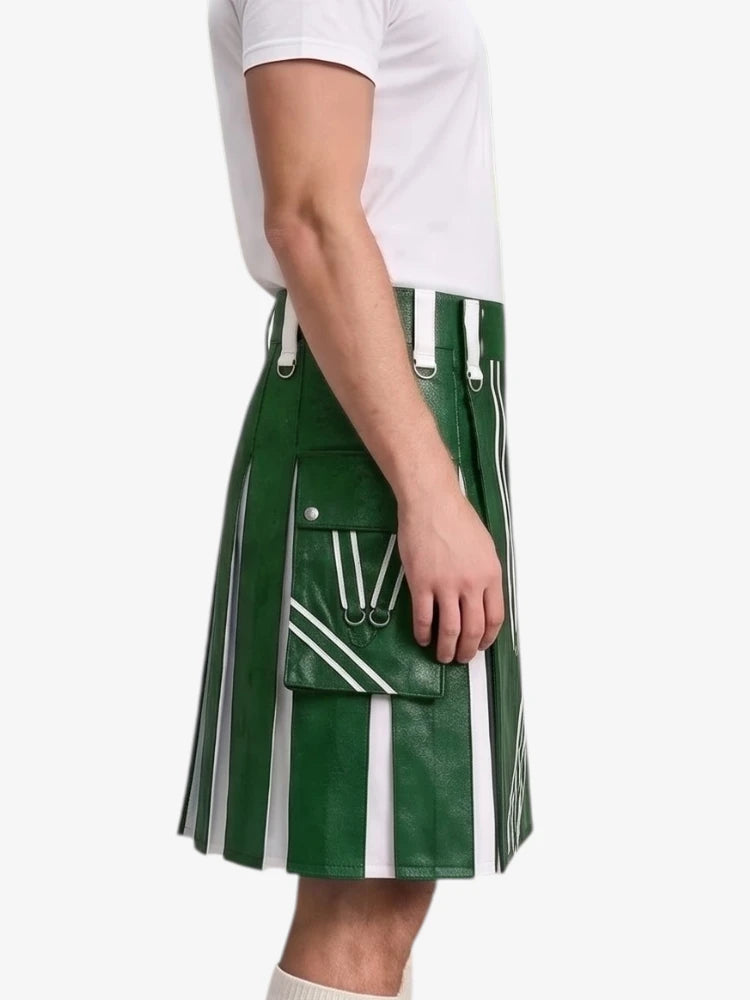 A side view of a person wearing a green leather kilt with white vertical stripes, white drawstrings, and a front utility pocket, paired with a white t-shirt against a light gray background.