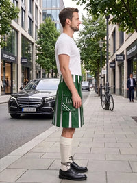 A man standing on a city sidewalk wearing a white t-shirt, a green and white vertically striped kilt, cream knee-high socks, and black leather shoes. A black Mercedes-Benz car and a bicycle are visible in the background of the street scene.
