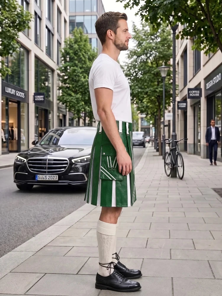 A man standing on a city sidewalk wearing a white t-shirt, a green and white vertically striped kilt, cream knee-high socks, and black leather shoes. A black Mercedes-Benz car and a bicycle are visible in the background of the street scene.