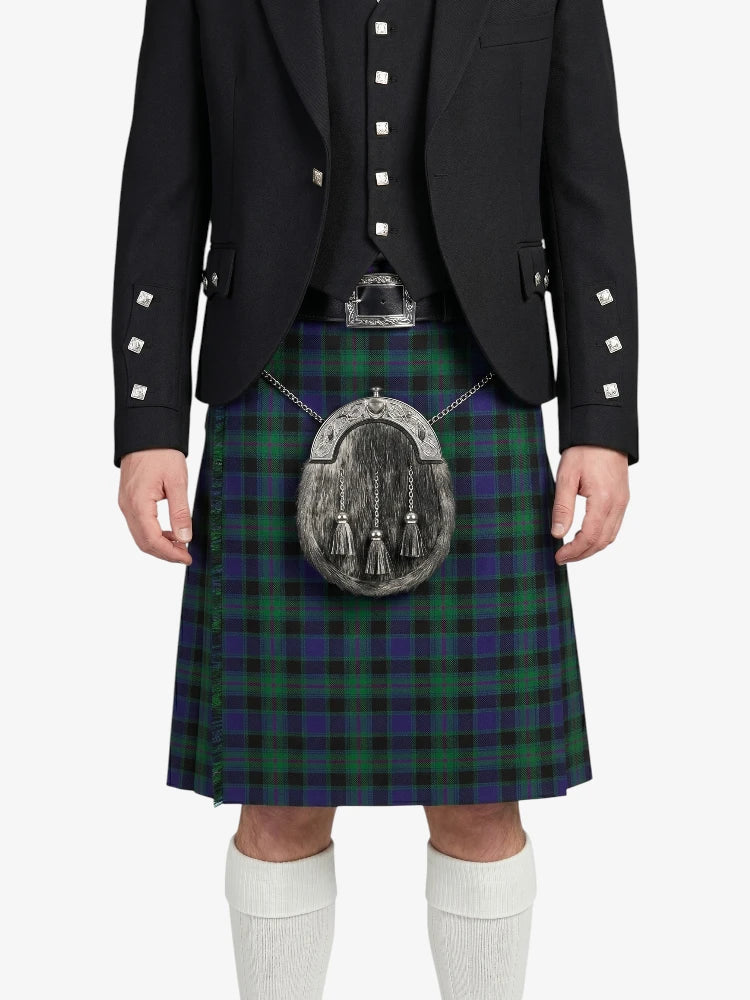 Person wearing a black jacket and green plaid kilt with a sporran on a white background