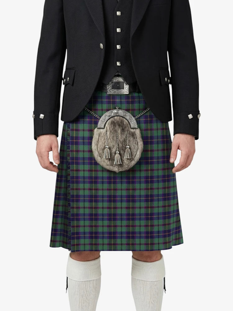 Person wearing a black jacket, green plaid kilt, and white socks on a white background
