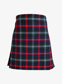 Plaid kilt with red, blue, and white pattern on a white background