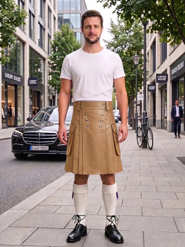 A man stands on a city sidewalk wearing a tan pleated leather kilt with silver-tone hardware, a white crew-neck t-shirt, white knee-high socks, and black leather oxford shoes. The background shows a street scene with a black Mercedes-Benz, storefronts, and trees.