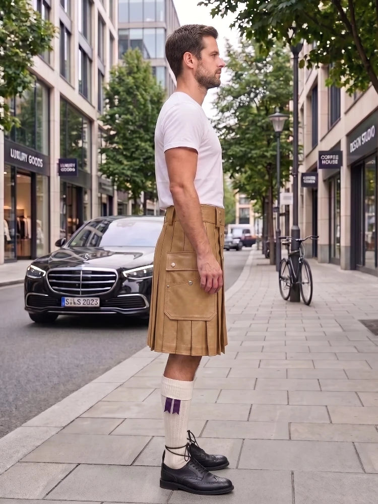 A man standing on a city sidewalk wearing a white t-shirt, a tan pleated kilt, white socks, and black leather shoes, with a street scene and parked cars in the background.