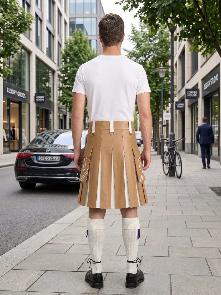 Tan And White Leather Hybrid Utility Kilt Back