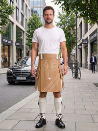 Tan And White Leather Hybrid Utility Kilt Front