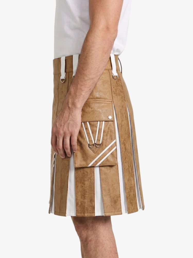 Tan And White Leather Hybrid Utility Kilt Left