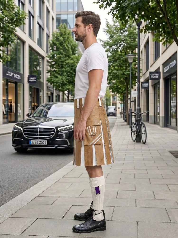 Tan And White Leather Hybrid Utility Kilt Left Side