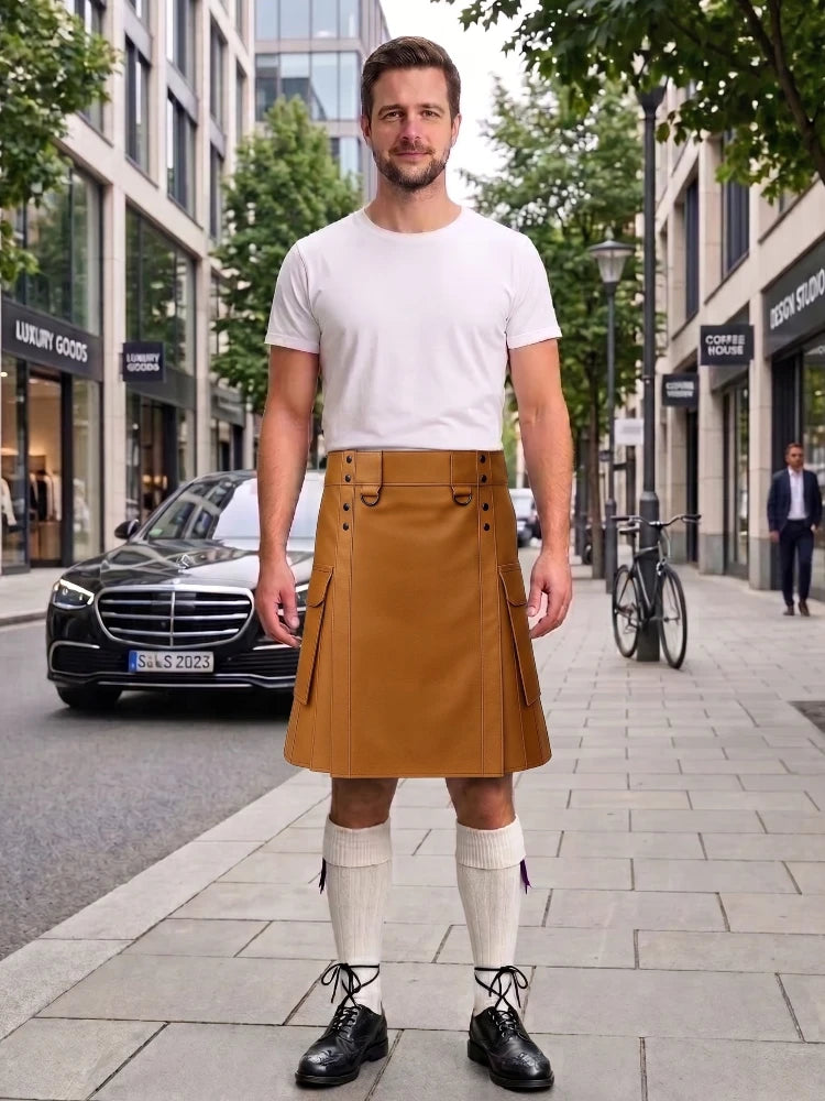 Tan Brown Leather Kilt For Men Tactical Utility Kilts