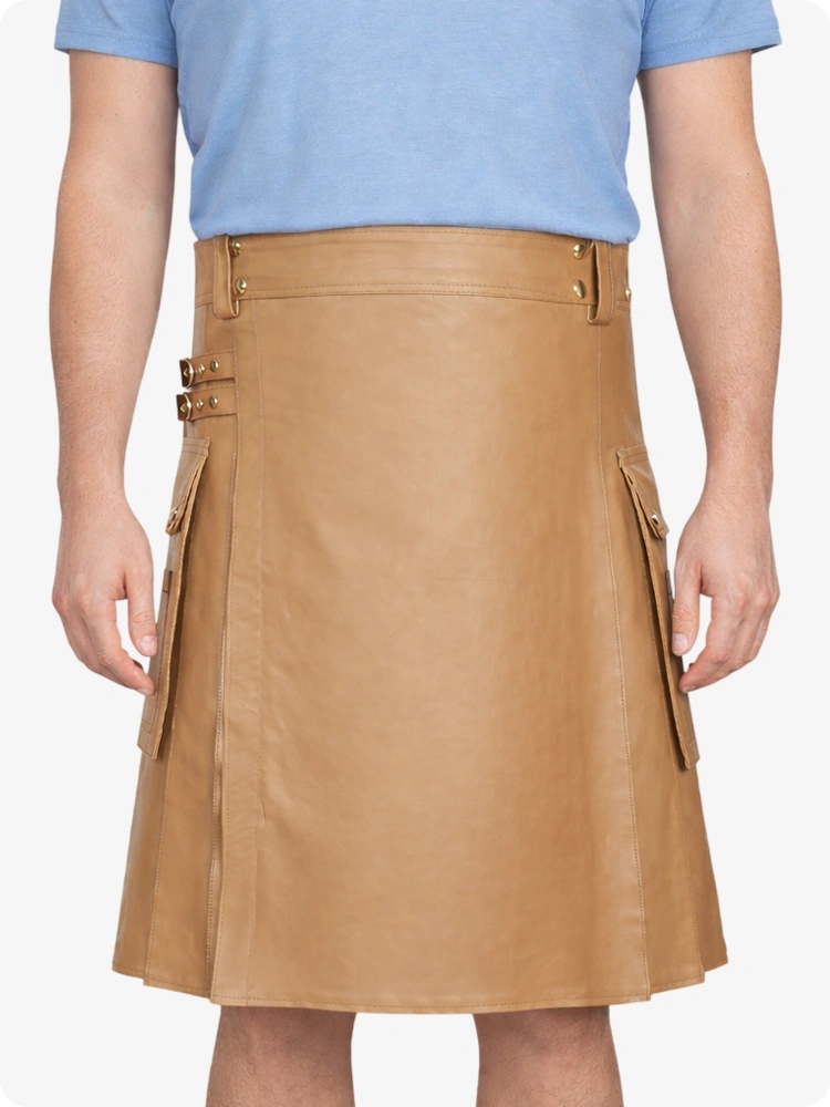 Tan Genuine Leather Utility Kilt with Side Pockets