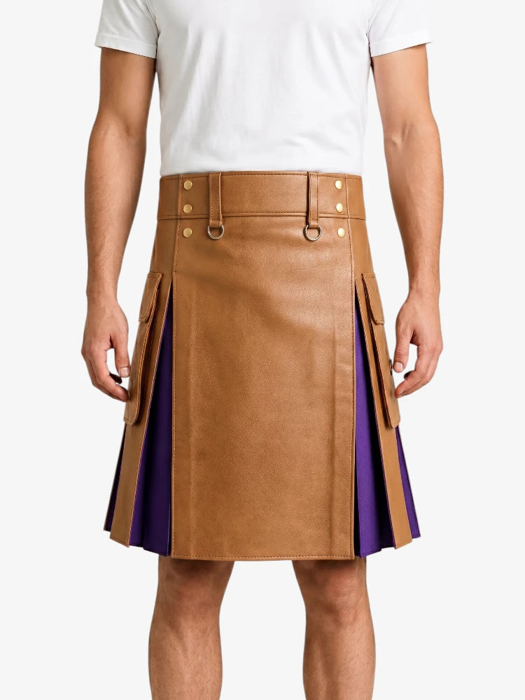 Tan Leather Kilt With Purple Pleats