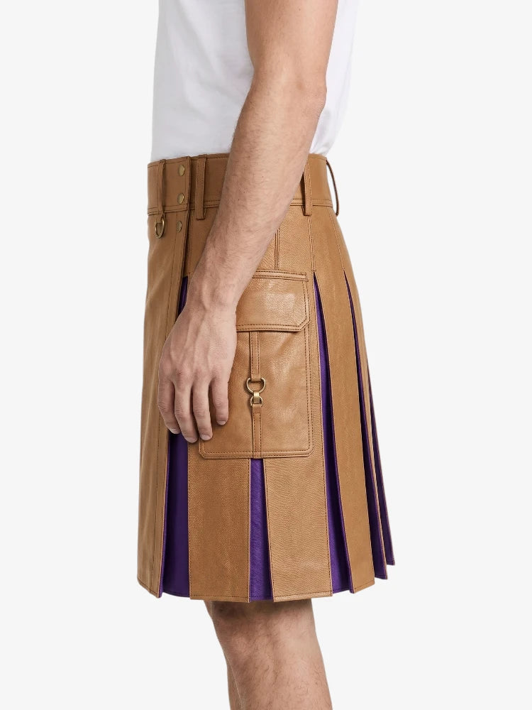 Tan Leather Kilt With Purple Pleats Left