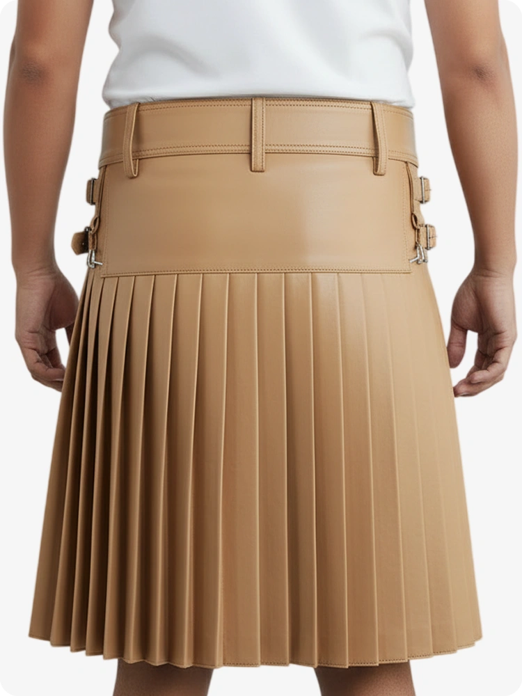 Tan pleated skirt with belt and buckles on a white background