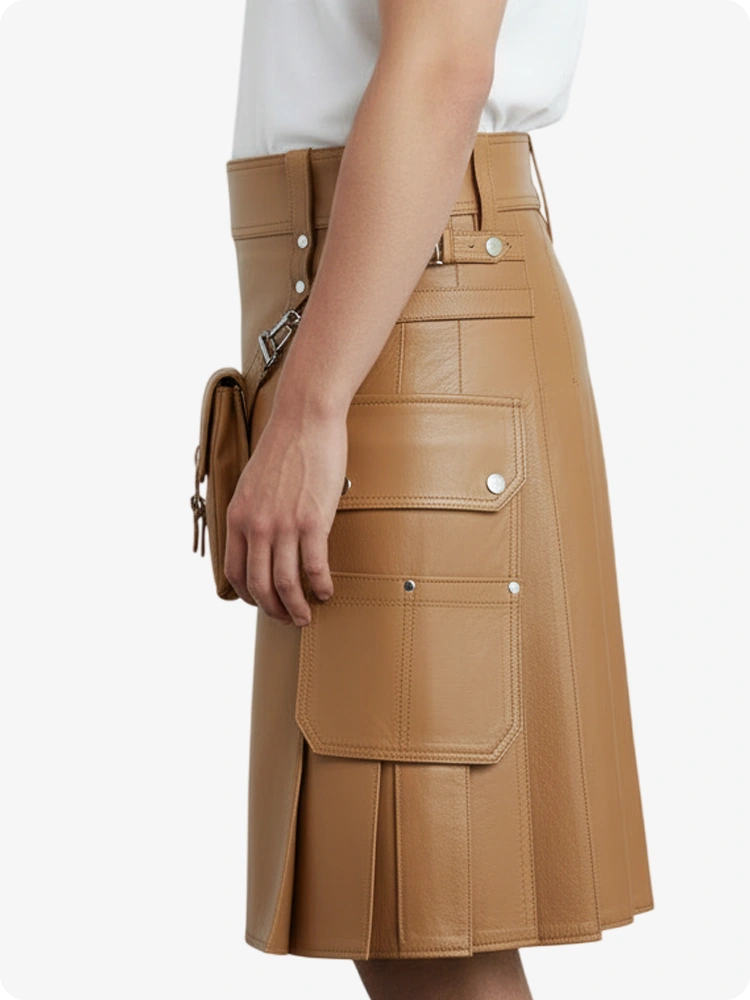 Tan leather skirt with multiple pockets on a white background