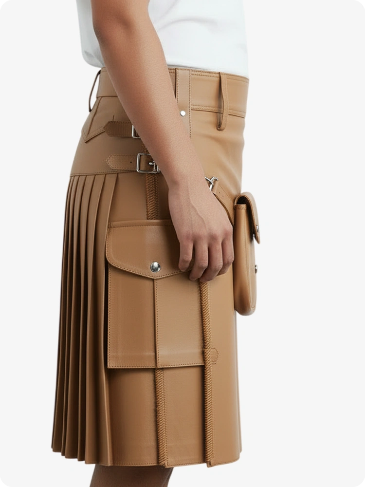Tan Leather Pleated Kilt with Belt Loops & Side Straps