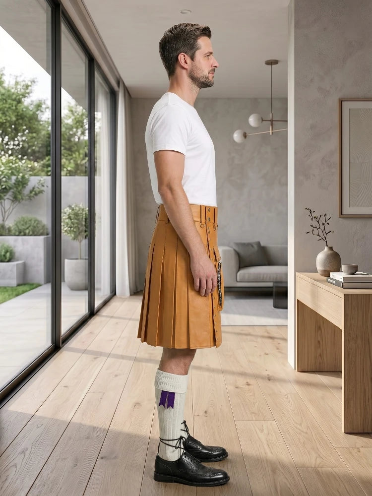Tan Leather Utility Kilt Right Side