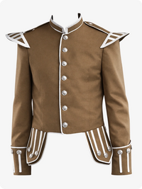 Tan Scottish Military Doublet Jacket with Silver Trim & Epaulettes
