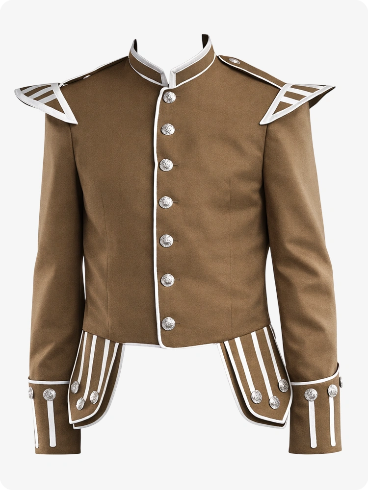 Tan Scottish Military Doublet Jacket with Silver Trim & Epaulettes
