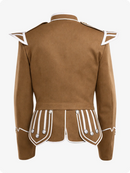 Tan military-style jacket with white accents on a white background