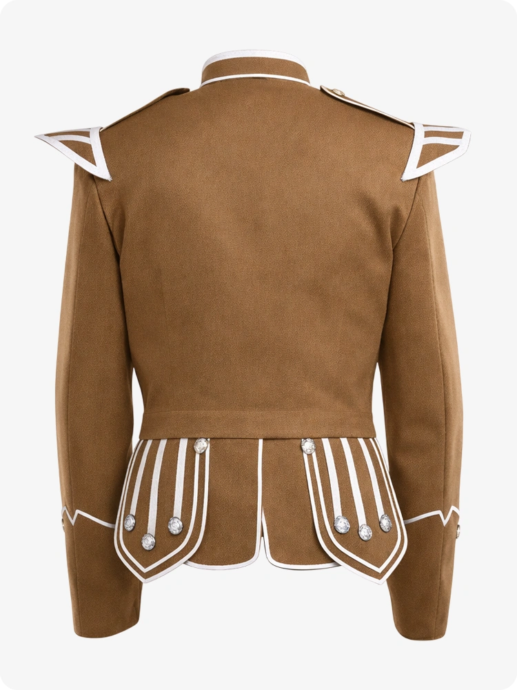 Tan military-style jacket with white accents on a white background