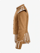 Tan military-style jacket with white accents on a white background