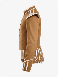 Tan military-style jacket with white accents on a white background