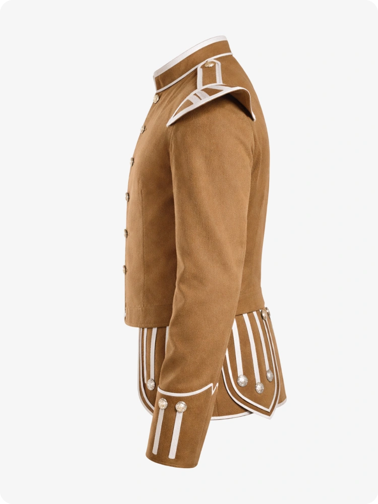 Tan military-style jacket with white accents on a white background