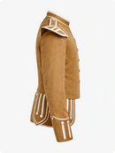 Tan coat with white accents on a white background