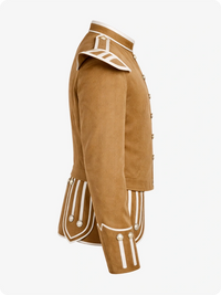 Tan coat with white accents on a white background