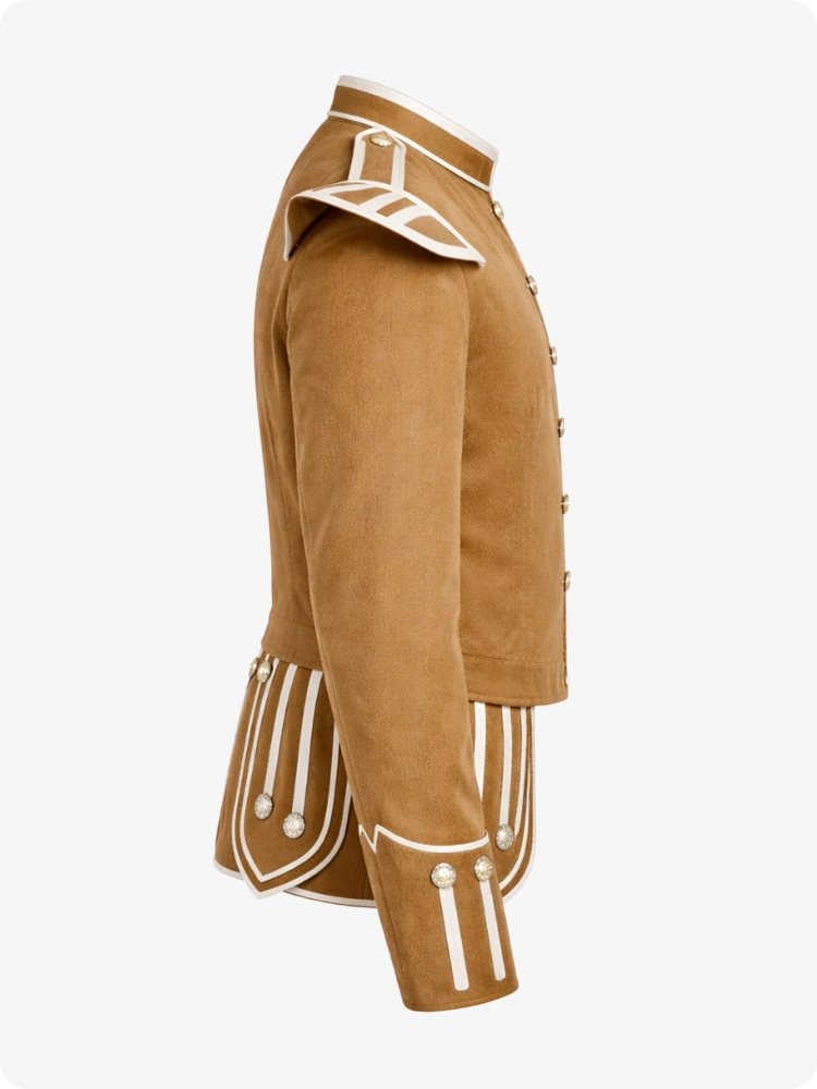 Tan coat with white accents on a white background