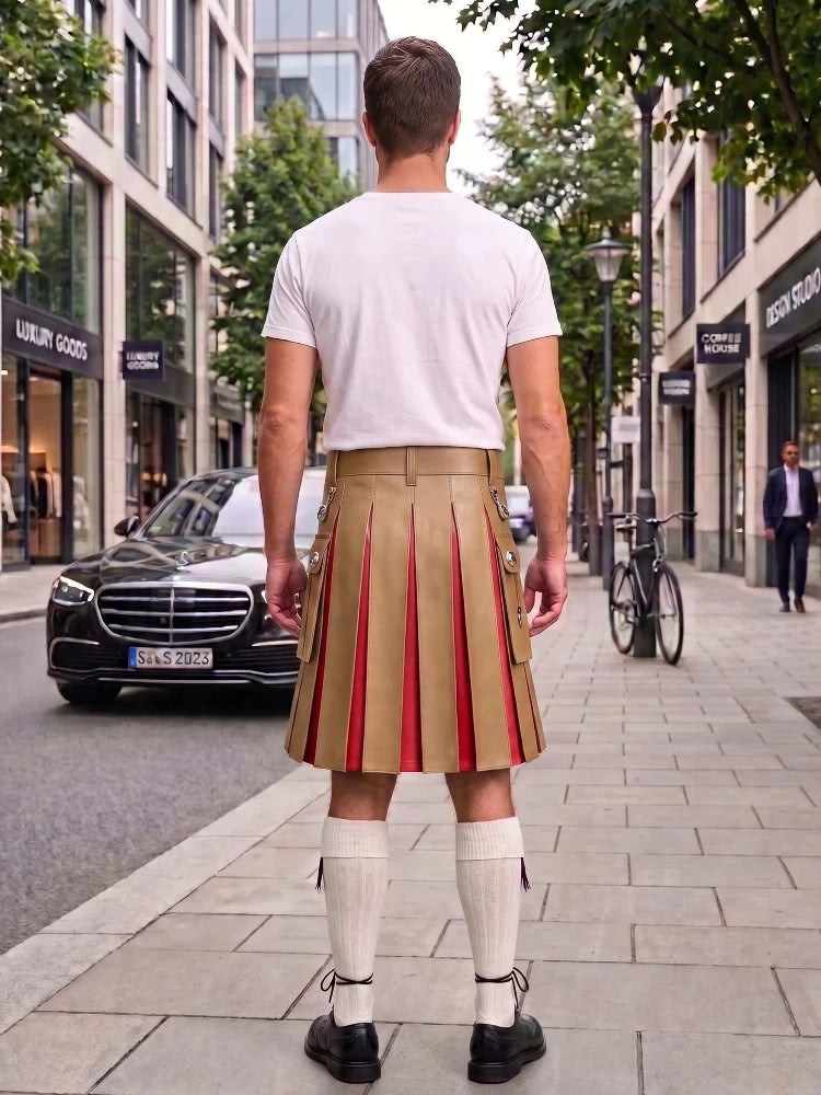 A man viewed from behind wearing a beige pleated kilt with red vertical stripes, a white t-shirt, white knee-high socks, and black shoes, standing on a city sidewalk.