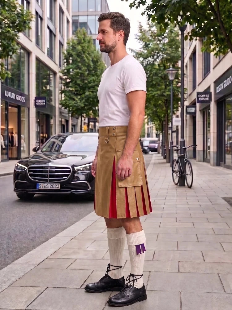 A man wearing a tan pleated kilt with red side panels, a white t-shirt, white knee-high socks, and black shoes, standing on a city sidewalk next to a street with a Mercedes-Benz and trees.