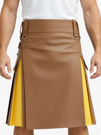 Brown leather skirt with yellow accents worn by a person on a white background