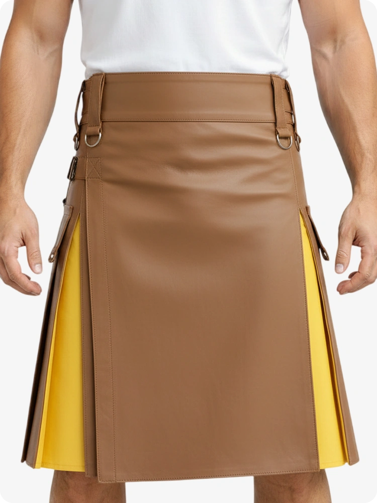 Brown leather skirt with yellow accents worn by a person on a white background
