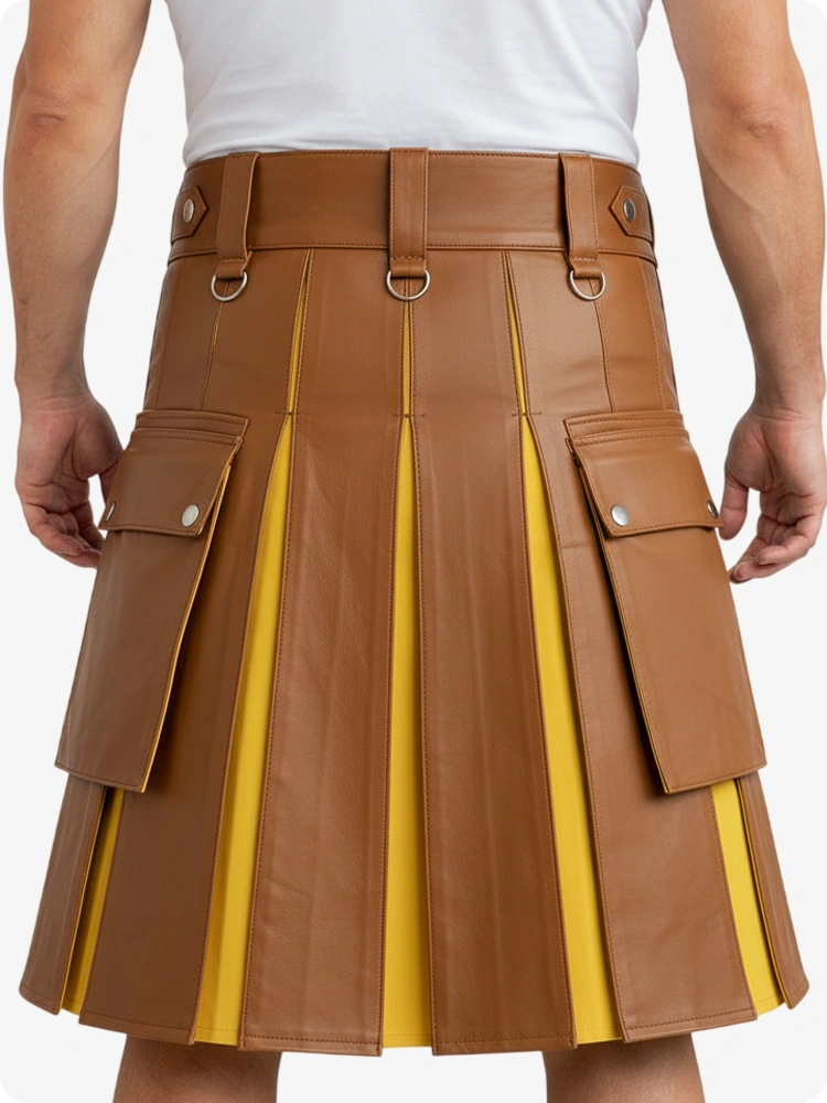 Brown pleated skirt with yellow lining worn by a person on a white background
